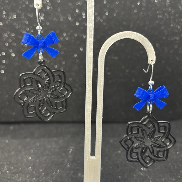 Geometric Black and Blue Bow Dangle Earrings - Picture 5 of 5